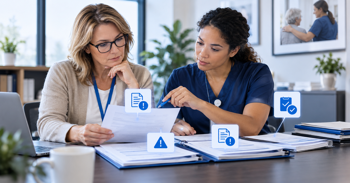 Compliance manager and nurse reviewing AI-surfaced flags before making a human approval decision for home care documentation