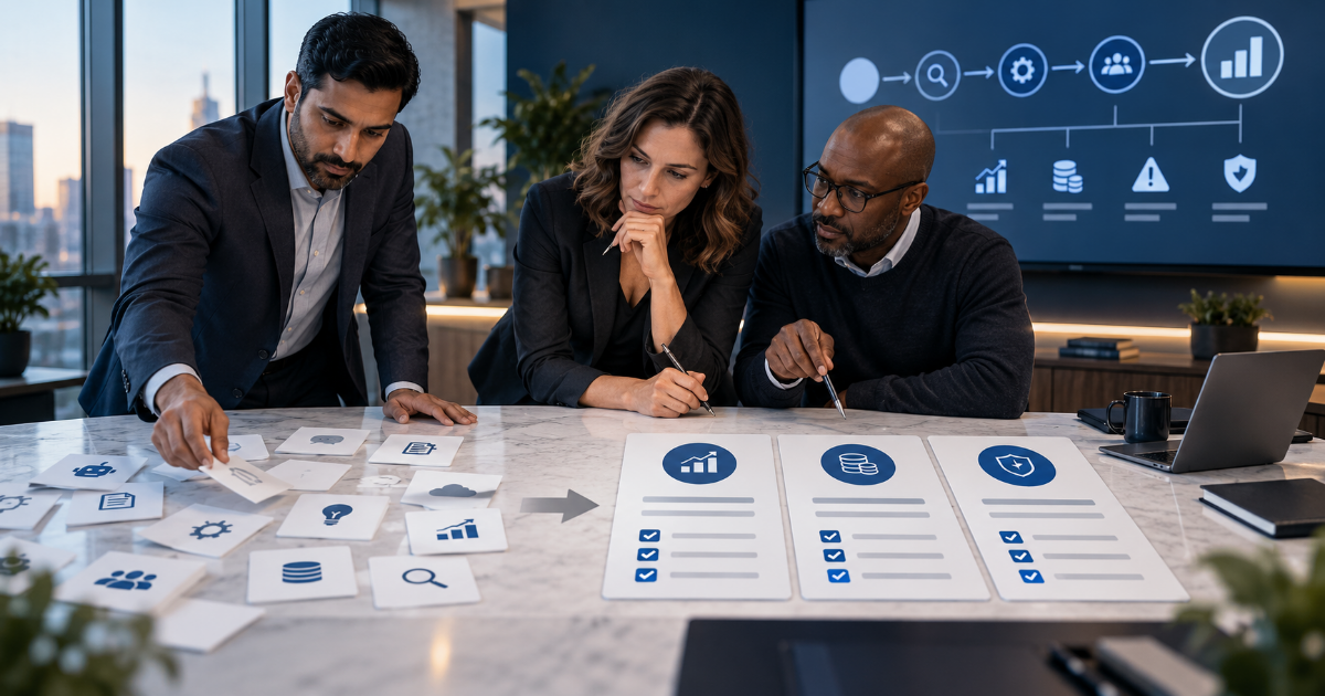 Leadership team turning scattered AI pilots into prioritized ROI initiatives