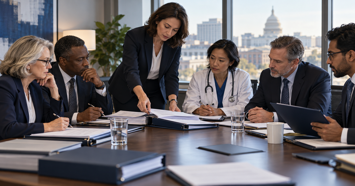 Leadership team and clinician reviewing AI governance framework documents in a boardroom