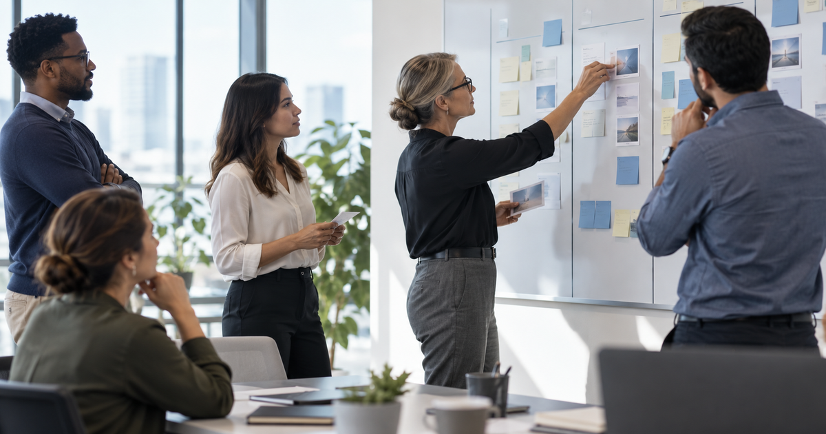 Team organizing AI governance priorities on a whiteboard in a modern office