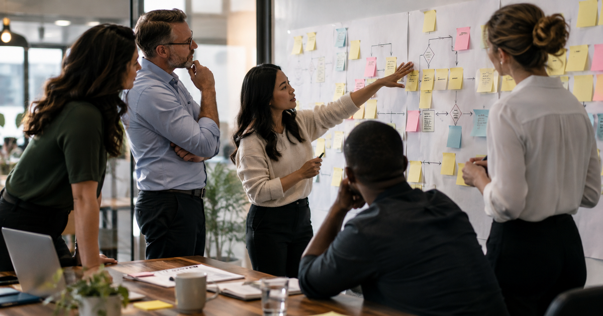 Team mapping business processes on a whiteboard before automation
