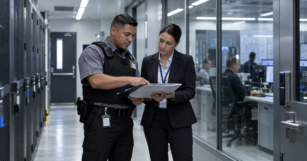 Security and operations professionals reviewing governance protocols in a data center
