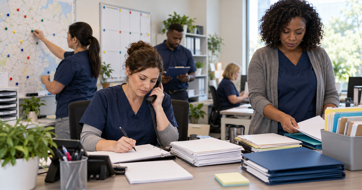 Back-office automation pipeline illustrating WellSky integration automation moving verified data between home-health systems