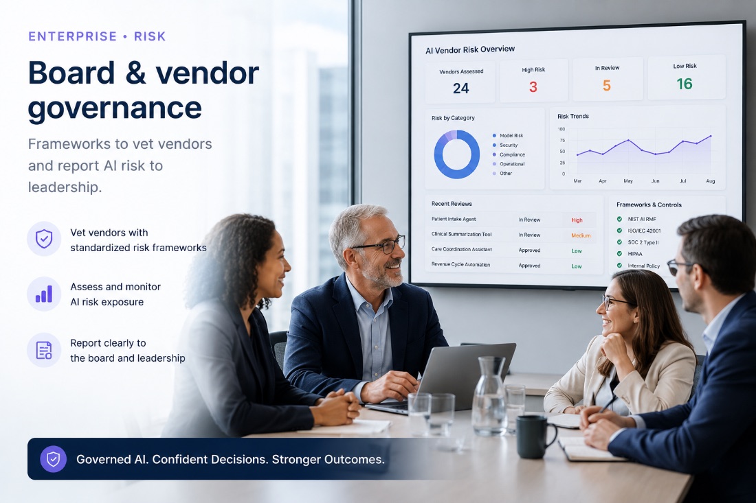 DAS Labs board and vendor governance: leadership reviewing an AI vendor risk dashboard with framework controls (NIST AI RMF, ISO 42001, SOC 2, HIPAA)