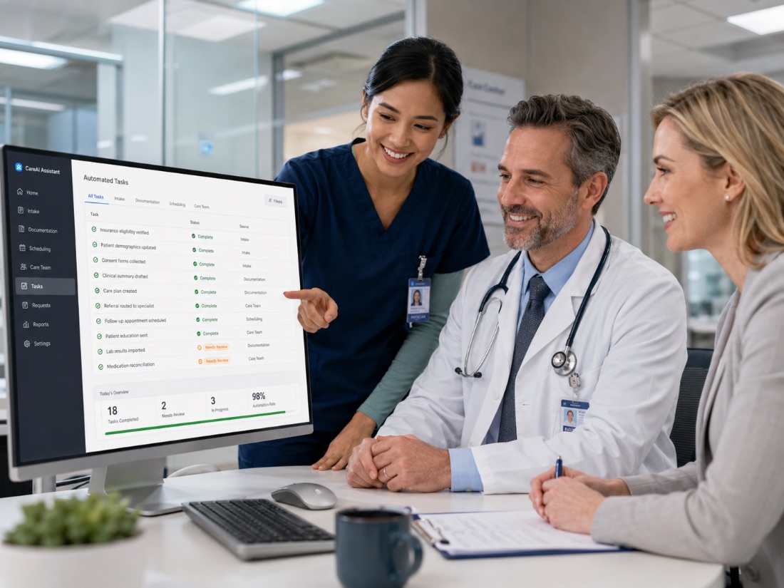 DAS Labs clinical AI assurance: a care team reviewing automated clinical tasks, with governance protecting models that influence patient-care decisions