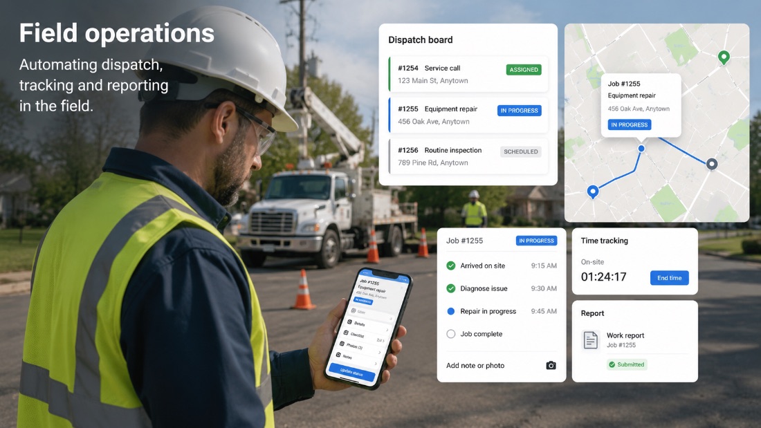 DAS Labs field operations: automated dispatch board, live job tracking, on-site time tracking and reporting