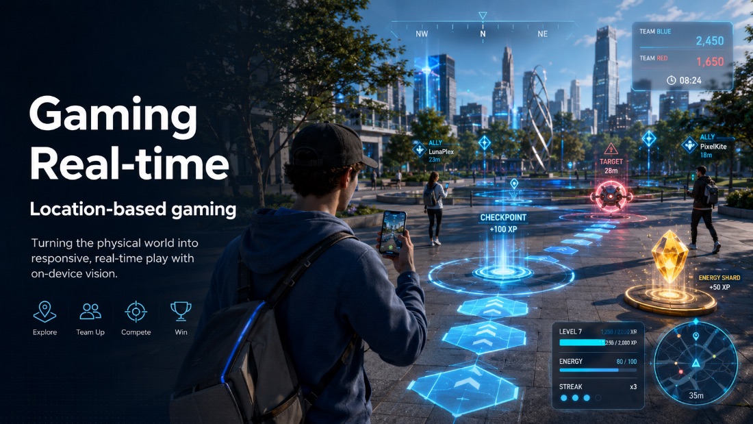 DAS Labs location-based gaming: on-device vision turning a real city plaza into responsive, real-time augmented-reality play