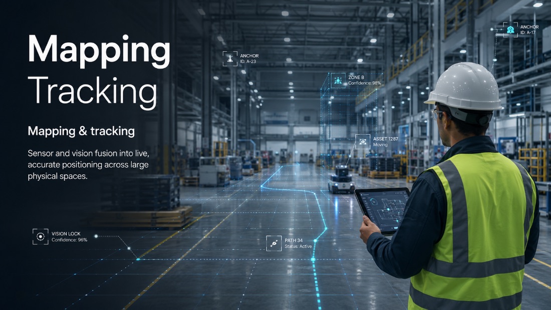 DAS Labs mapping and tracking: sensor and vision fusion locating assets, zones and paths across a large warehouse in real time