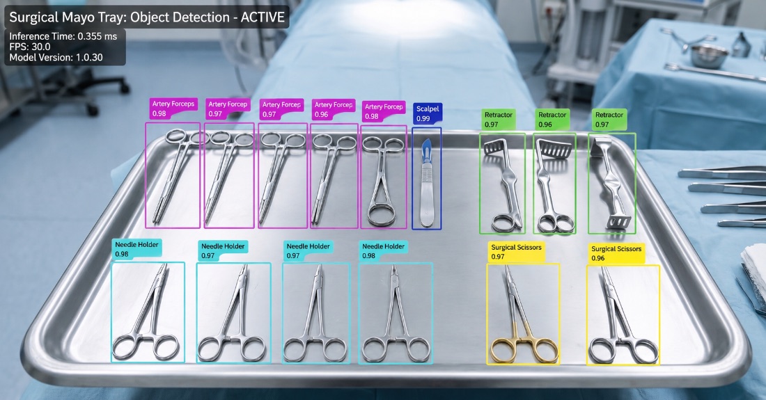 DAS Labs surgical Mayo tray object detection identifying artery forceps, scalpel, retractors, needle holders and surgical scissors in real time